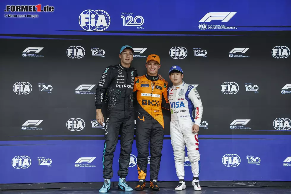 Foto zur News: George Russell (Mercedes), Lando Norris (McLaren) und Yuki Tsunoda (Racing Bulls)