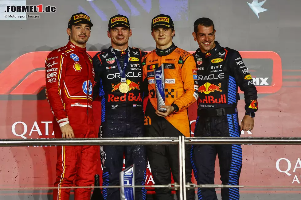 Foto zur News: Charles Leclerc (Ferrari), Max Verstappen (Red Bull) und Oscar Piastri (McLaren)