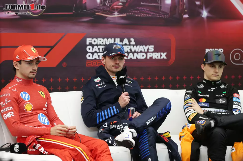 Foto zur News: Max Verstappen (Red Bull), Charles Leclerc (Ferrari) und Oscar Piastri (McLaren)