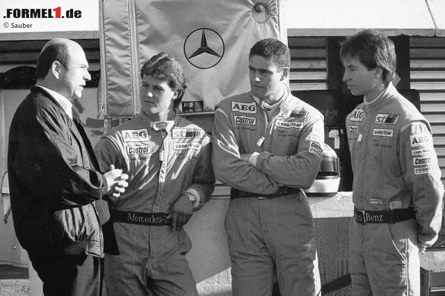 Foto zur News: "Würden Sie diesen Männern Ihren Mercedes anvertrauen?" Peter Sauber mit seinen Junioren: Michael Schumacher, Karl Wendlinger und Heinz-Harald Frentzen.