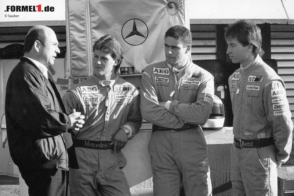 Foto zur News: &quot;Würden Sie diesen Männern Ihren Mercedes anvertrauen?&quot; Peter Sauber mit seinen Junioren: Michael Schumacher, Karl Wendlinger und Heinz-Harald Frentzen.