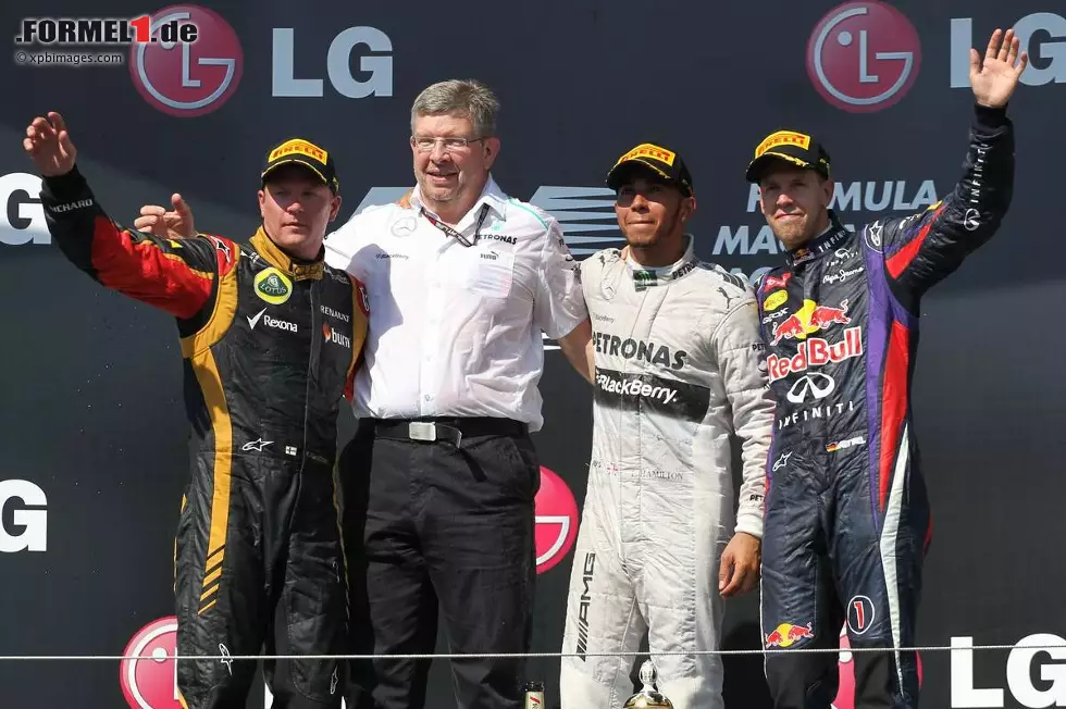 Foto zur News: Der letzte Grand Prix vor der Sommerpause: Sebastian Vettel (3.) und Kimi Räikkönen (2.) sammeln im &quot;Glutofen&quot; von Budapest wichtige Punkte - aber Lewis Hamilton feiert seinen ersten Sieg seit dem Wechsel zu Mercedes. WM-Stand nach zehn von 19 Rennen: Vettel 172 - Räikkönen 134 - Alonso 133 - Hamilton 124.