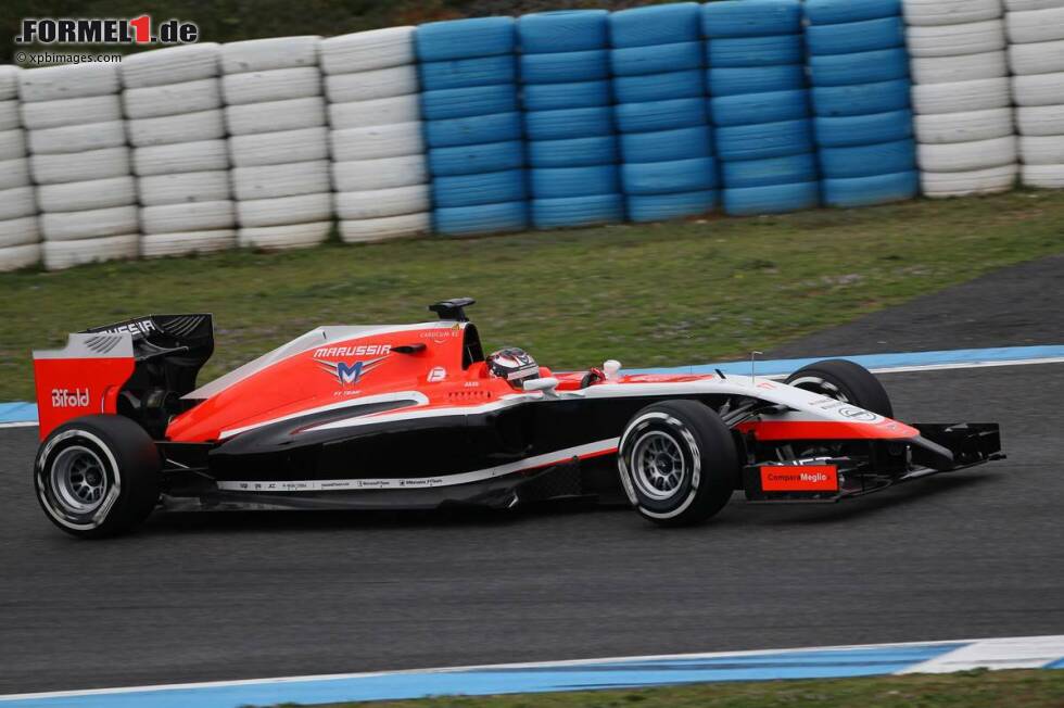 Foto zur News: Jules Bianchi (Marussia-Ferrari MR03) / 25 Runden / 1:32.222 Minuten (Freitag)
Der Marussia kam erst am Donnerstag verspätet zum Test - und lief zunächst nicht. Erst als Bianchi am Freitag in den neuen MR03 kletterte, waren mal ein paar Runden am Stück möglich. &quot;Nicht so viel wie gewünscht, aber immerhin&quot;, sagt der Franzose. Am Tag zuvor hatte sein Teamkollege Max Chilton nur fünf Installationsrunden drehen können.