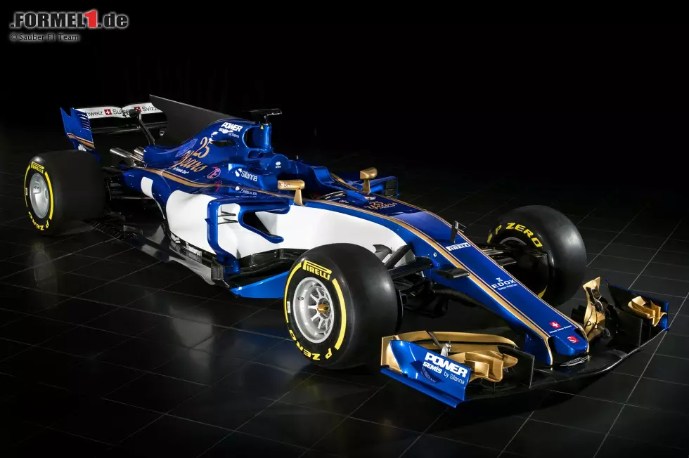 Foto zur News: 2017: Das Blau bleibt, die gelbe Farbe verschwindet mit dem Abgang von Felipe Nasr vom Auto und wird durch Weiß und Gold ersetzt. Mit diesem Boliden sollen Marcus Ericsson und Pascal Wehrlein für einen Aufschwung bei Sauber sorgen.