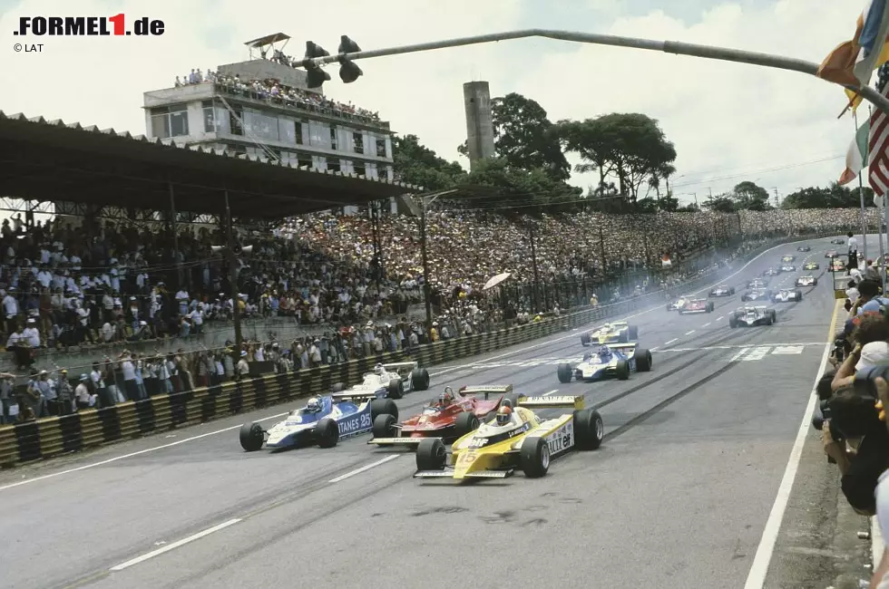 Foto zur News: Zu dieser Zeit, in den 1980er-Jahren (das Foto zeigt den Start zum Großen Preis von Brasilien 1981), bestand das Formel-1-Starterfeld übrigens sowohl aus Autos mit herkömmlichen Saugmotoren als auch aus Fahrzeugen mit den damals neuen Turbomotoren. Erst 1986 fuhr das ganze Feld mit Turbomotoren.