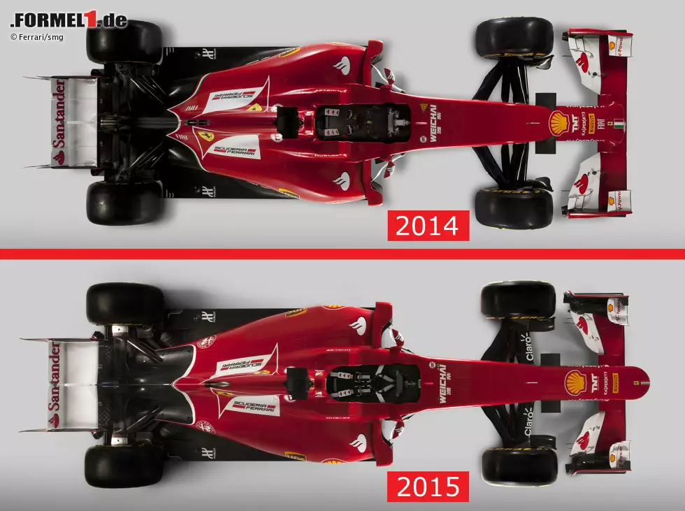 Foto zur News: Obligatorisch sind natürlich neue Front- und Heckflügel (die in den nächsten Wochen sicher noch ausgetauscht werden), aber insgesamt kann man von einer Evolution des Vorjahreswagens F14 T sprechen.