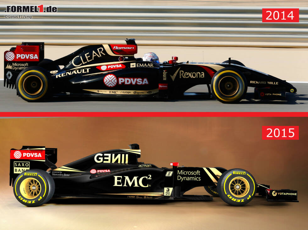 Foto zur News: In der Seitenansicht gibt es markante Unterschiede zwischen dem Lotus E22 von 2014 und dem E23 von 2015. Die Motorenabdeckung verliert ihre Finne, die Endplatten des Heckflügels wurden in ihrer Form ebenfalls optimiert.