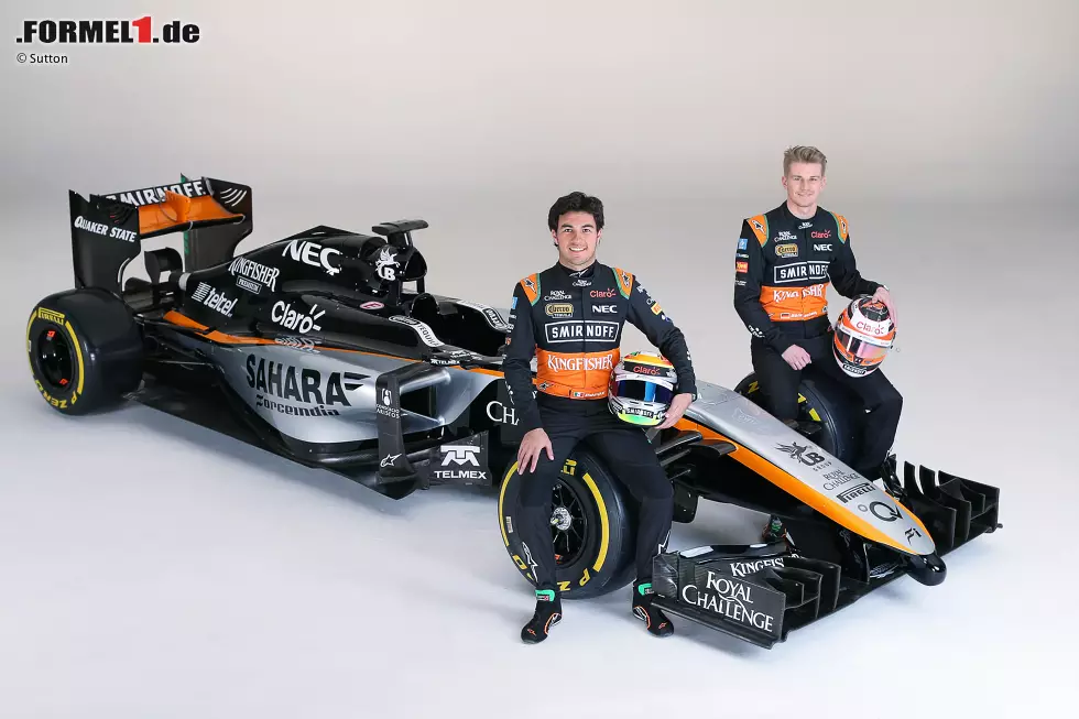 Foto zur News: 2015: Force India wartet erneut mit neuen Farben auf. Der VJM08 für Sergio Perez und Nico Hülkenberg ist in Schwarz, Silbergrau und Orange gehalten. Vorgestellt wird das Auto übrigens in Perez&#039; mexikanischer Heimat, in der dortigen Hauptstadt Mexiko-Stadt.