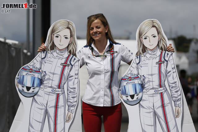 Foto zur News: Glücklich verheiratet ist stattdessen diese Dame: Die scheidende Williams-Entwicklungspilotin Susie Wolff, Ehefrau des Mercedes-Sportchefs Toto Wolff, beendete ihre Formel-1-Karriere, fand im Paddock aber viele Freunde und bestritt 2015 zwei Freie Trainings. Die beiden Pappkameradinnen zählen wir ausnahmsweise nicht zu den Bekanntschaften hinzu.