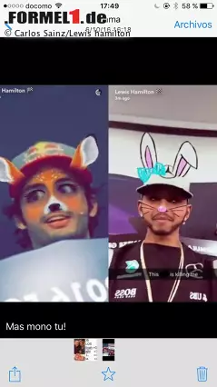 Foto zur News: Platz 1: Der Bunny-Ohren-Skandal
Statt sich auf die PK zu konzentrieren verziert Hamilton lieber sich und seine Kollegen mit Tiergesichtern. Er wird dafür heftig kritisiert, cancelt seine Medien-Session und blockt britische Reporter bei Twitter. Mit Snapchat ist es seither aus - er teilt mit den Fans aber noch Instagram-Videos.