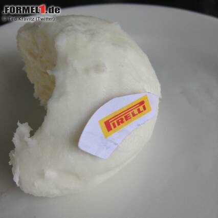 Foto zur News: Graining mal anders erklärt: TV-Moderator Ted Kravitz schnappt sich ein Mozzarella-Bällchen, um vor laufender Kamera zu demonstrieren, wie sich die Laufflächen der Formel-1-Reifen abrubbeln. Natürlich stilecht mit Pirelli-Branding.