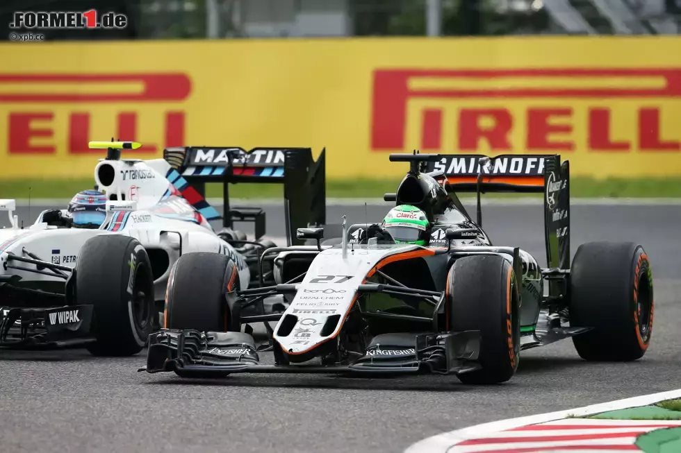 Foto zur News: Einmal kommt es dabei zum Rad-an-Rad-Kampf, als Hülkenberg in Runde 20 an Bottas vorbeigeht. &quot;See you later!&quot;, funkt er trotzig - nachdem er das gleiche Manöver schon im Umlauf davor probiert hat. Bottas fällt später hinter Massa zurück, weil seine Boxencrew patzt. In der Konstrukteurs-WM hat Williams zehn Punkte Rückstand auf P4.