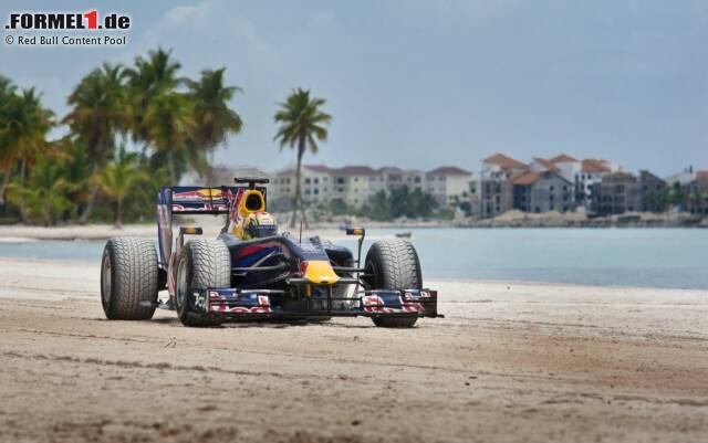 Foto zur News: Formel 1 fahren wo andere Urlaub machen: In der Dominikanischen Republik durfte Jaime Alguersuari den Red Bull auf seine Strandtauglichkeit testen. Die Baywatch-Truppe könnte aber eher an einem knallroten Ferrari interessiert sein...