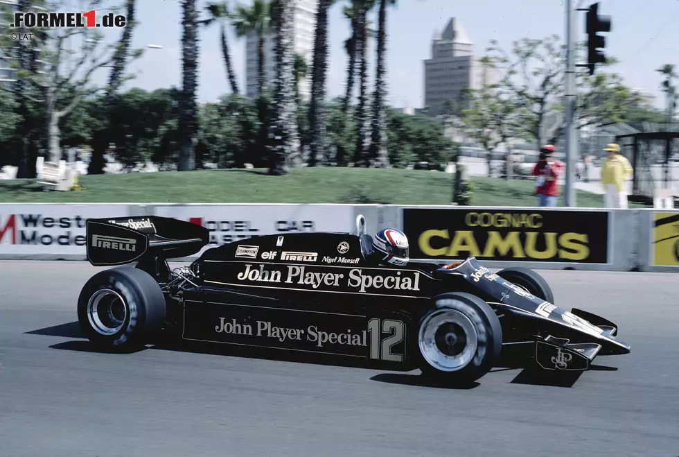 Foto zur News: Rio de Janeiro (Brasilien) 1983: Nigel Mansells Lotus 92 ist das erste Auto mit aktiver Radaufhängung und der letzte große Wurf von Colin Chapman vor dessen Tod.