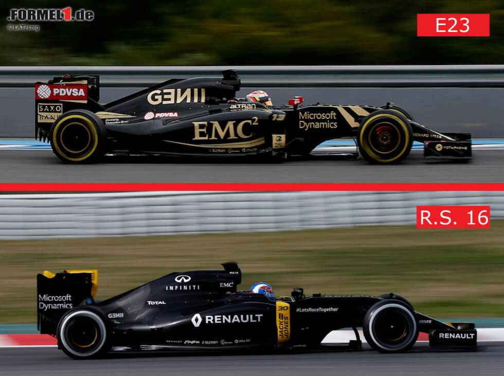 Foto zur News: Der Renault R.S.16 ist der Nachfolger des Lotus E23, der bei der Übernahme durch die Franzosen als Grundlage für das neue Werksauto genutzt wurde. Statt eines Mercedes-Hybriden arbeitet im neuen Auto natürlich ein Renault-Aggregat. Die etwas größeren Seitenkästen haben möglicherweise damit zu tun.