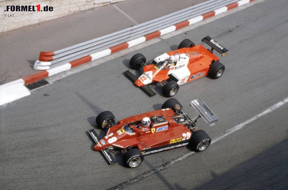 Foto zur News: Monaco-Grand-Prix 1982: Dreifaches Pech in der letzten Runde. Im Regen geht Didier Pironi auf Platz eins im Ferrari der Sprit aus. Andrea de Cesaris im Alfa Romeo rückt auf, doch dann ist auch sein Tank leer und er bleibt stehen ...