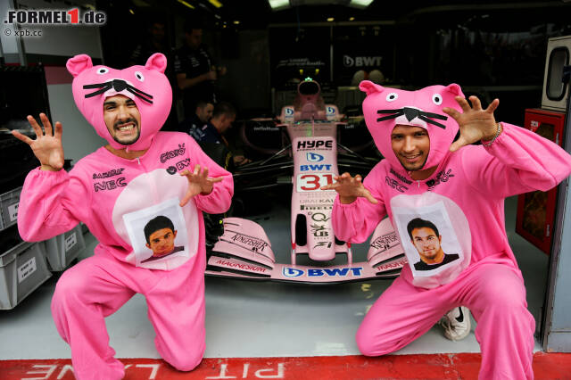 Foto zur News: Diese "Pink Panthers" machen das Beste aus der gewöhnungsbedürftigen Lackierung ihres Lieblingsteams Force India. Und ihr Daumendrücken hilft: Esteban Ocon fährt auf den dritten Startplatz, liegt phasenweise an zweiter Stelle. Am Ende gibt es für ihn und seinen Teamkollegen WM-Punkte.