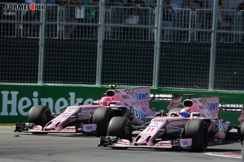 Foto zur News: Teamintern brodelt es: Ocon hat die um 13 Runden frischeren Supersofts und will an Perez vorbei, der verweigert aber die Empfehlung des Kommandostands, die Positionen zu tauschen. Ocon ist sich im Nachhinein sicher, dass er schnell genug gewesen wäre, um Ricciardo zu attackieren. Perez ist es nicht.