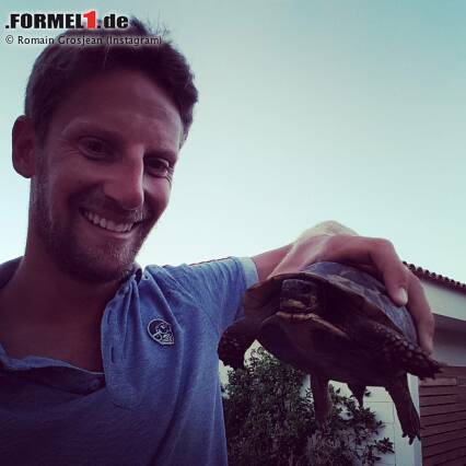 Foto zur News: Romain Grosjean findet in der Sommerpause einen neuen "Freund" - und liefert seinen Followern auf Instagram damit ein gefundenes Fressen. Verglichen wird die Schildkröte in den Kommentaren unter dem Bild unter anderem mit Jolyon Palmer und einem McLaren-Honda - böse ...