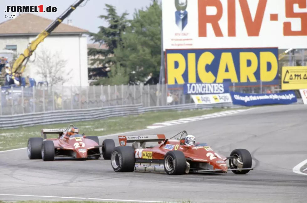 Foto zur News: #7: Didier Pironi, Italien 1982: Ferrari dominiert das Rennen. Von der Box gibt es die Anweisung, Sprit zu sparen. Pironis führender Teamkollege Gilles Villeneuve geht vom Gas und glaubt, sein attackierender Rivale wolle eine Show bieten. Doch der Franzose reitet ein Gewaltmanöver in der letzten Runde - und &quot;klaut&quot; ihm den Sieg.