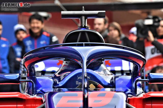 Foto zur News: Am Halo von Toro Rosso ist ein vom Reglement erlaubtes Luftleitelement zu sehen. Damit soll die Luft zur Airbox über dem Fahrerkopf und um die Motorhaube herum zum Heckflügel geführt werden.