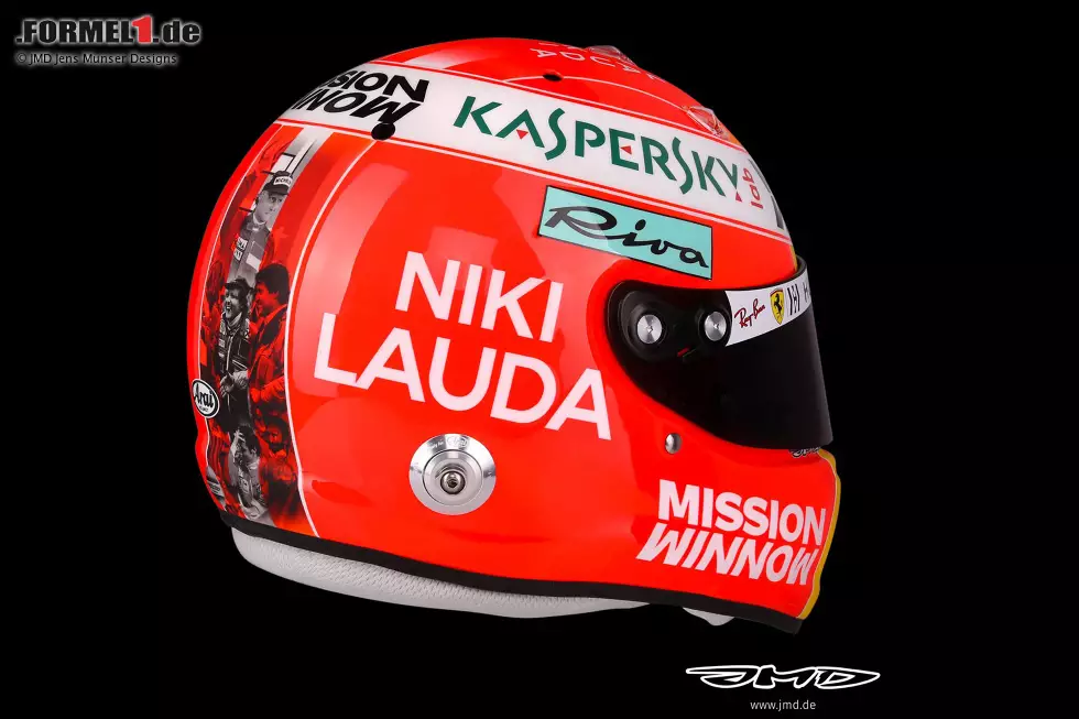 Foto zur News: Sebastian Vettel geht noch einen Schritt weiter: Mit einem neuen Helm erinnert er an die Lackierung, die Lauda zu seiner aktiven Zeit selbst getragen hat. Das Design beinhaltet außerdem Szenen aus Laudas Karriere.