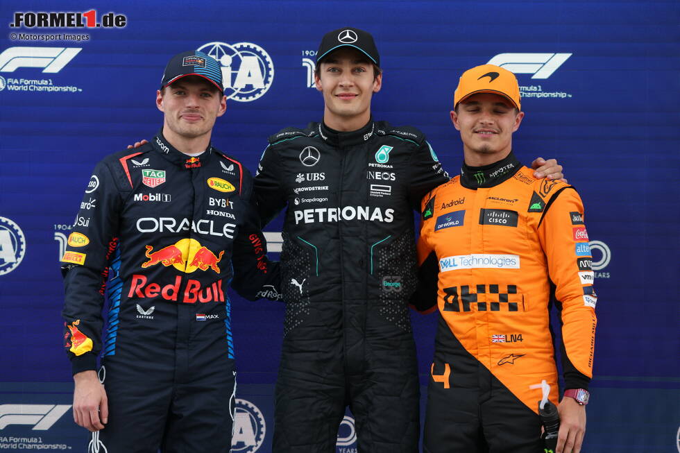 Foto zur News: 1. Kanada 2024, George Russell vor Max Verstappen - 0,000 Sekunden: Enger geht es nicht! Russell und Verstappen fahren im Qualifying in Montreal 2024 exakt die gleiche Zeit. Weil der Mercedes-Pilot diese allerdings zuerst setzt, steht er auf Pole. Auch Lando Norris als Dritter landet übrigens nur 0,021 Sekunden hinter dem Duo.