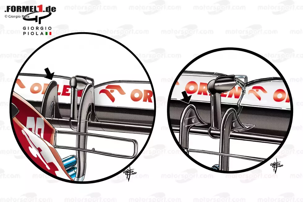 Foto zur News: In Barcelona wurde auch ein neuer Heckflügel getestet. Dabei (links) sind die Befestigungen viel höher gezogen als beim alten Design (rechts). Offenbar verspricht sich das Team auch hier aerodynamische Verbesserungen.