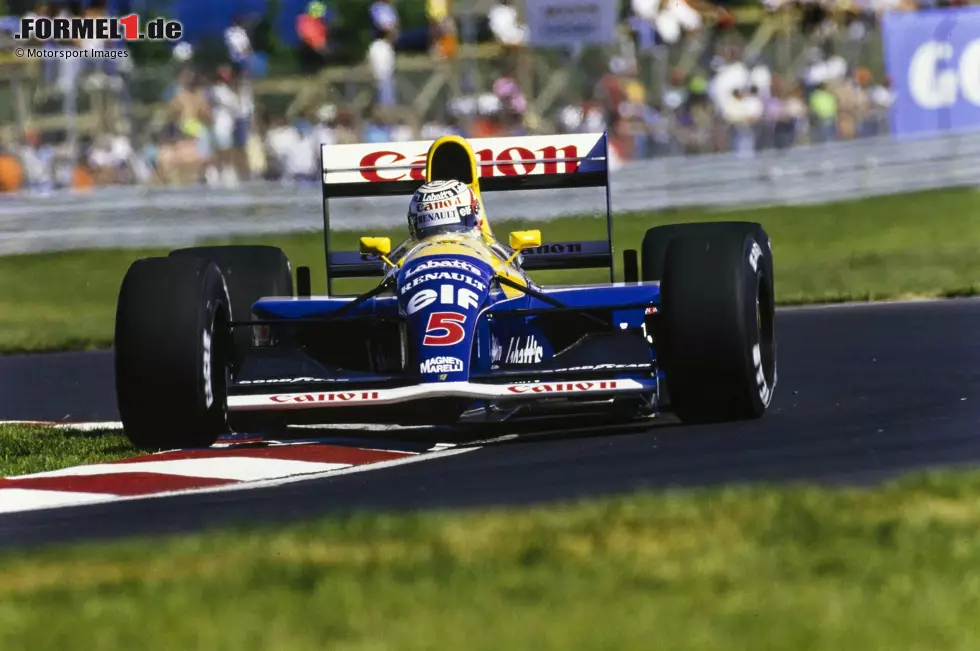 Foto zur News: 1991: Nigel Mansell führt souverän im Kanada-Grand-Prix, winkt in der letzten Rennrunde siegessicher ins Publikum - und würgt seinen Williams in der Haarnadel-Kurve von Montreal ab. Der Sieg geht an Nelson Piquet, Mansell wird noch auf P6 gewertet.