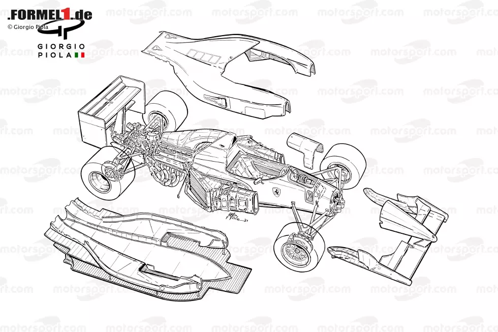 Foto zur News: Diese Explosionszeichnung von Giorgio Piola zeigt das &quot;Innenleben&quot; des Ferrari F92A.
