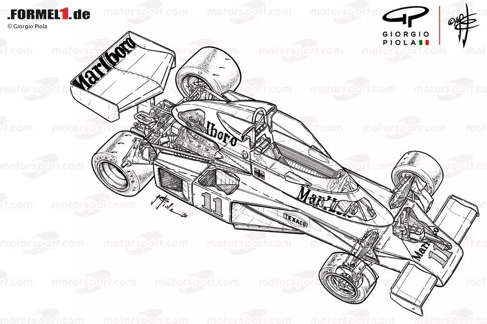 Foto zur News: Die Detailzeichnung des McLaren M23B zeigt die diversen Kühlöffnungen am Fahrzeug.