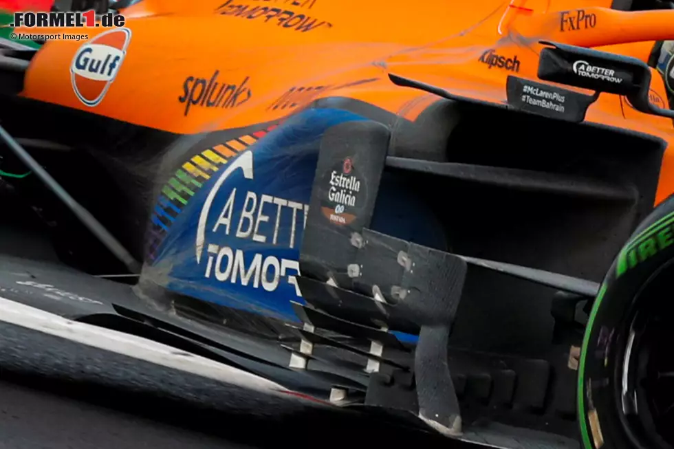 Foto zur News: Wie bei Williams, so am McLaren MCL35: Das Regenrennen hat seine Spuren auf der Außenhaut des Rennfahrzeugs hinterlassen.