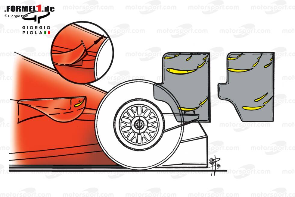 Foto zur News: 1999: Ferrari bringt einen speziellen Heckflügel (rechts) für mehr Abtrieb mit. In Gelb sind die Flaps eingezeichnet, die sich im Vergleich zur normalen Version deutlich verändert haben.