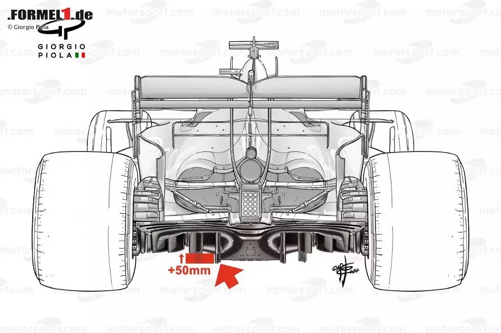 Foto zur News: Kürzere Diffusor-Streben: Die dritte technische Anpassung dreht sich um die Diffusoren. Dort werden die vertikalen Streben um 50 Millimeter verkürzt. Das soll die Effizienz des Unterbodens und des Diffusors beschneiden - auch hierbei ist geringerer Abtrieb das Ziel.