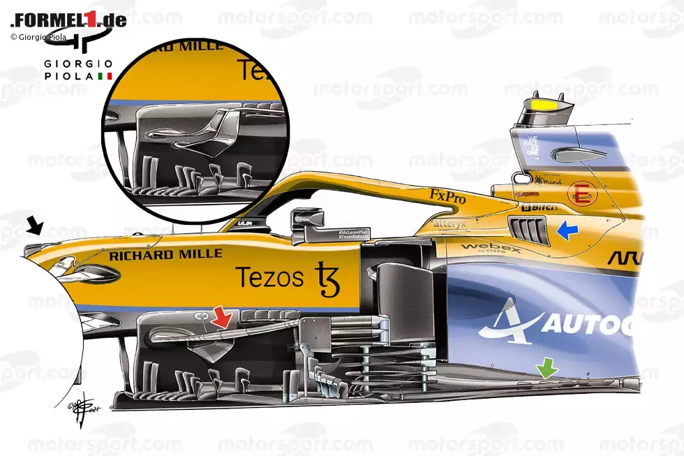 Foto zur News: In Frankreich wurden Chassis-Hörner sowie ein neues Seitenkasten- und Motorabdeckungspaket hinzugefügt. Dies führte zu einem kleineren hinteren Kühlluftauslass. Bei höheren Temperaturen hat das Team nun auch die Möglichkeit, Kühlschlitze neben dem Fahrer (blauer Pfeil) zu verwenden, um die Kühlung zu verbessern.