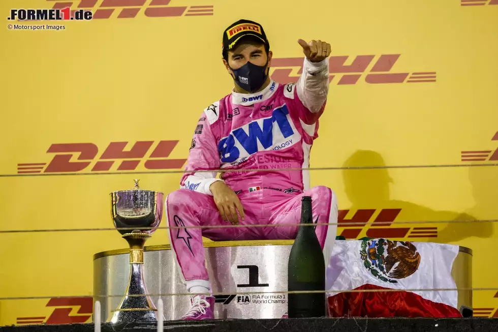 Foto zur News: 10. Podium: Großer Preis von Sachir 2020 für Racing Point - 1. Platz vor Esteban Ocon (2./Alpine) und Lance Stroll (3./Racing Point)