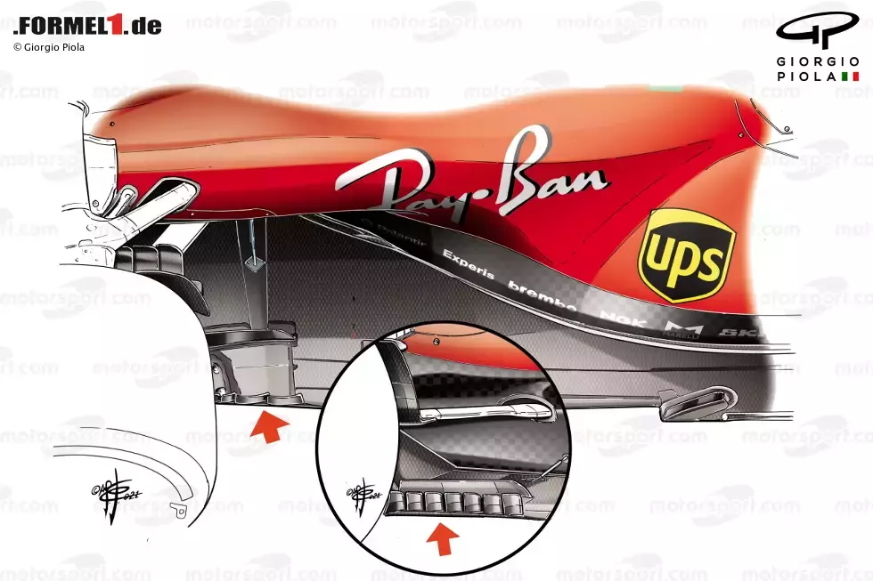 Foto zur News: Anschließend geriet der Bereich direkt vor dem Hinterrad in den Fokus. Ferrari probierte unterschiedliche Versionen mit drei bis sieben Luftleitblechen, um das ideale Set-up für seinen Unterboden und dessen Interaktion mit Hinterrädern und Diffusor zu finden.