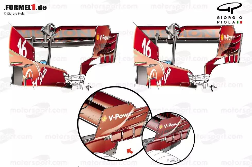 Foto zur News: Neuerungen am Ferrari SF21 gab es auch am Heckbereich: Ferrari nutzt einerseits einen konventionellen Heckflügel (oben rechts), hat aber auch eine Version in Löffelform (oben links), die mehr Abtrieb ermöglicht, ohne aber den Luftwiderstand deutlich zu erhöhen. Und: Als Reaktion auf die &quot;Flexi-Wings&quot;-Regeln wurden die Endplatten verkürzt.