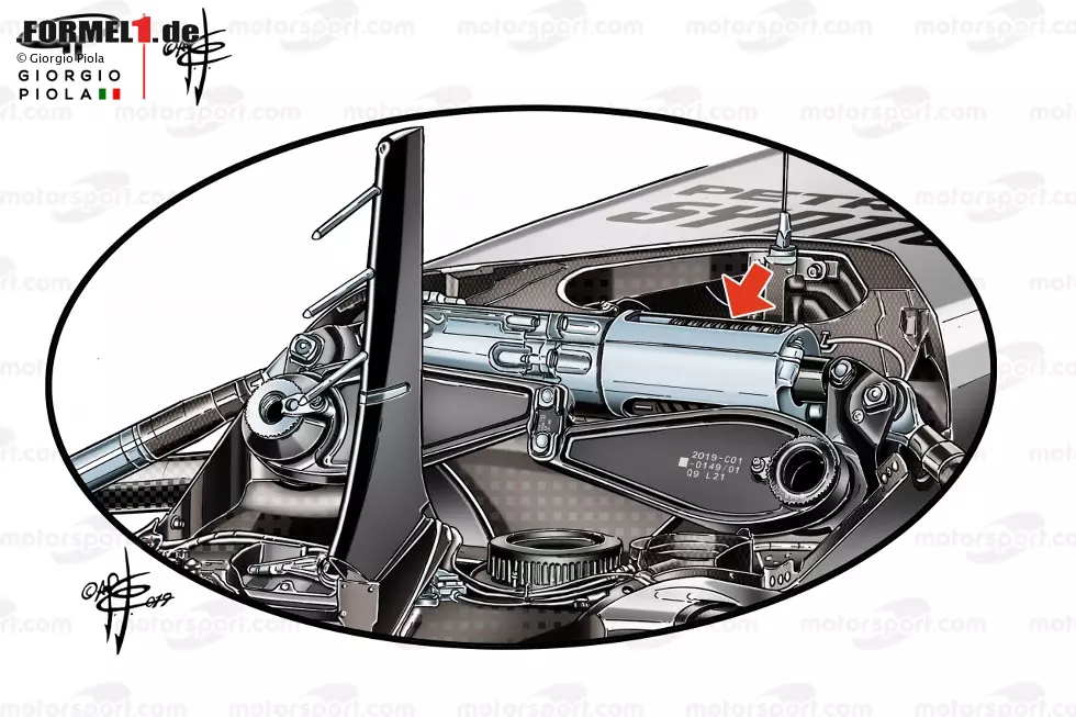 Foto zur News: Auch innen hatte sich einiges getan. Mercedes setzte wieder auf einen traditionelleren federgetriebenen Dämpfer anstatt auf eine hydraulische Version wie in den Jahren zuvor. Auch das war bereits eine Reaktion auf das Verbot von hydraulisch unterstützten Aufhängungselementen ab 2021.