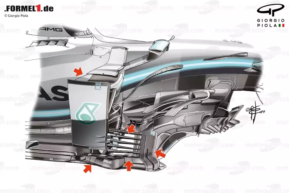 Foto zur News: Vor allem Mercedes war in diesem Bereich proaktiv und brachte viele Upgrades. Beim ersten größeren ging es vor allem um die Winglets, die von der Seite des Chassis hingen, die Bumerang-Winglets auf dem Bargeboard-Cluster sowie den ersten Windabweiser.