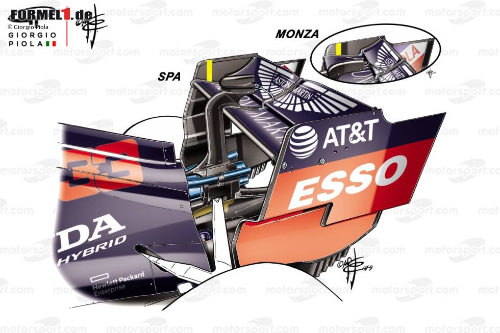 Foto zur News: Seit 2019 setzt Red Bull bereits auf diese Designlinie. Die Heckflügel für Spa und Monza sind grundsätzlich ähnlich, unterscheiden sich nur im Detail, siehe Bild: In der Monza-Variante ist das Hauptprofil flacher gehalten, außerdem das DR-System nochmals kompakter.