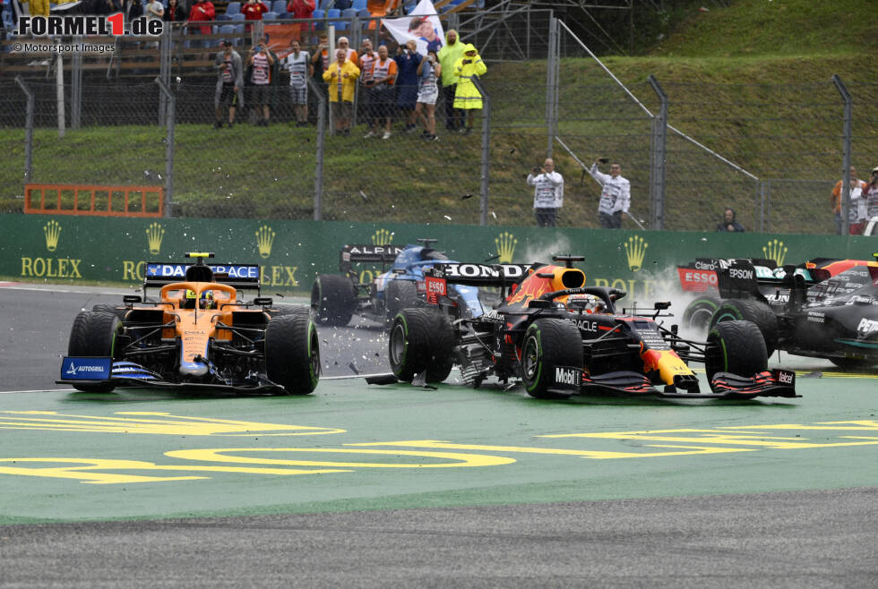 Foto zur News: Budapest: Wieder eine schlechte erste Rennrunde für Red Bull, dieses Mal aufgrund von Hamilton-Kollege Bottas. Der sorgt für einen Startcrash, in den auch Verstappen verwickelt wird. Letzterer rettet sich auf P9 ins Ziel. Hamilton wird Zweiter und übernimmt wieder die WM-Führung. Neuer Punktestand aus seiner Sicht: 195:187,