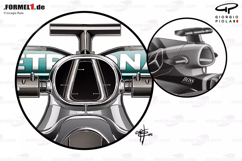 Foto zur News: Dem W07 des Jahres 2016 verpasste man außerdem eine überarbeitete Airbox. Dieses Design verwendete das Team danach auch in den folgenden Jahren. So wurde die Airbox insgesamt vergrößert und in drei Abschnitte geteilt. Dadurch konnte man auch das Packaging noch einmal verbessern.