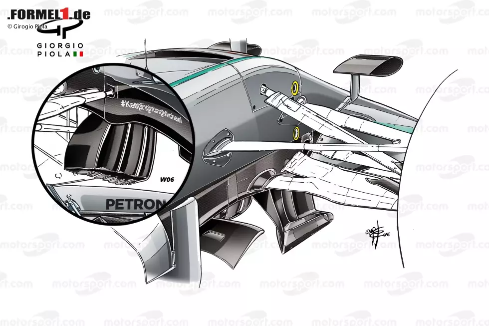 Foto zur News: Auch die Vorderradaufhängung wurde beim W07 aerodynamisch verbessert. So verlagerte man den Lenkhebel nach unten und überarbeitete auch die Luftleitbleche, deren Bodenplatten bereits beim W06 (im Kreis) horizontale Slots bekommen hatten und später durch längsverlaufende ersetzt wurden.