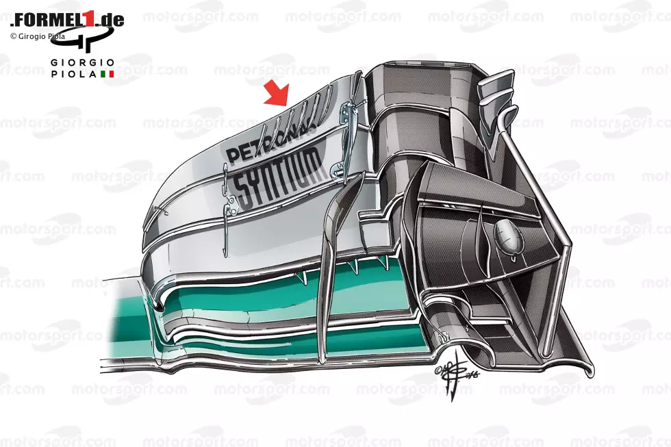 Foto zur News: Beim Frontflügel wurde die Endplatte überarbeitet. Außerdem bekam der oberste Flap mehrere kleine aerodynamische Elemente, um in diesem Bereich weitere Gewinne zu erzielen.