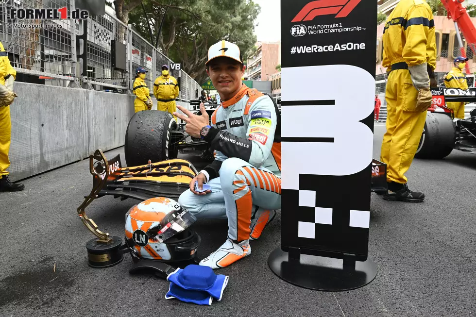 Foto zur News: Lando Norris (1): Über die Verwarnung wegen der Tracklimits sehen wir einmal hinweg. Davon abgesehen P5 im Qualifying, im Rennen das erste McLaren-Podium in Monaco seit zehn Jahren geholt, den Teamkollegen überrundet und Perez im Red Bull am Ende hinter sich gehalten. Ein ganz starkes Wochenende wieder einmal.