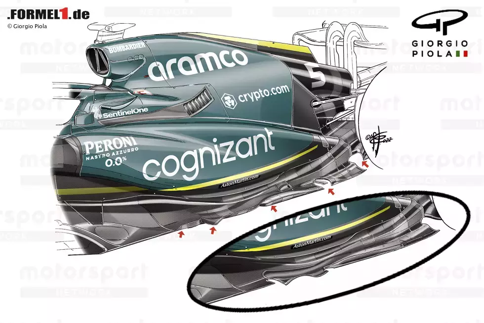 Foto zur News: Aston Martin stellte in Singapur einen neuen Unterboden vor, der sich wiederum an den Entwicklungen orientierte, die Red Bull bereits beim RB18 eingesetzt hatte.