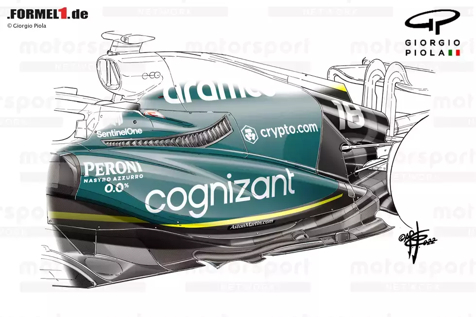 Foto zur News: Ab Spanien wurde das Bodywork des AMR22 komplett überarbeitet. Das Team entschied sich, in die Fußstapfen von Red Bull zu treten und die hochgezogene Seitenkastenlösung aufzugeben. Der Seitenkasten im Stil einer Abwärtsrampe wies sogar die Mittellinie und die schmalen, gedrehten Kühlrippen des RB18 auf.