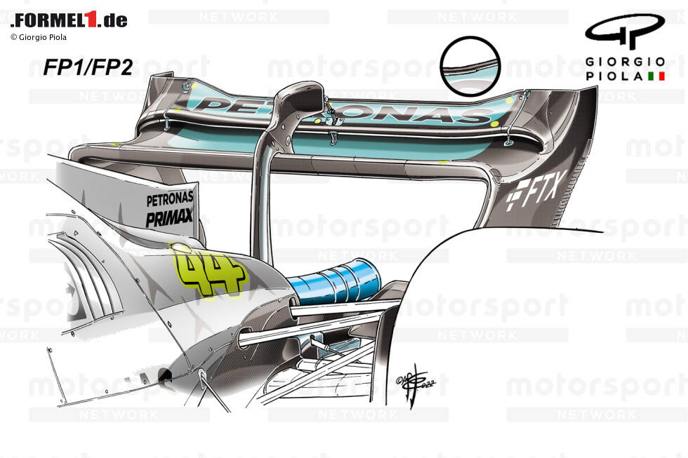 Foto zur News: Aufgrund der Budgetgrenze modifizerten Teams für Monza ihre bekannten Heckflügel, anstatt komplett neue zu bringen. Mercedes setzte auf die Low-Downforce-Variante. Mit der konventionell geformten Hauptebene und der vollen Endplattenecke wurde dann die Hinterkante des oberen Flaps beschnitten und ein Gurney-Flap hinzugefügt.