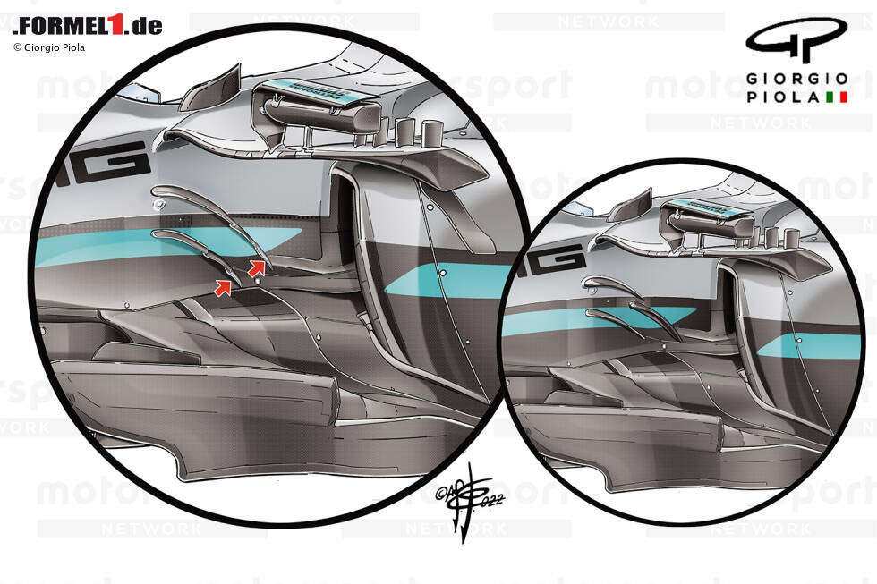 Foto zur News: Um die neuen Strömungsstrukturen vor ihnen zu maximieren und die von ihnen erzeugte Strömung neu auszurichten, änderte Mercedes auch die Anordnung der Leitflügel an der Seite des Chassis.